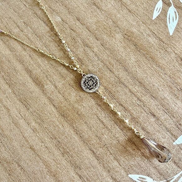 Y-Drop Necklace Gold Tone Figure 8 Chain AB Iridized Purple Bicone Beads - Picture 1 of 16